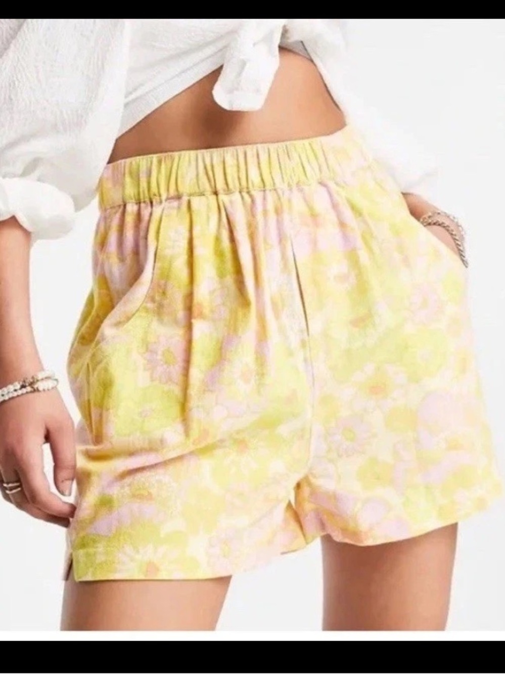 Free people palo duro oversized Floral Elastic-Waist Shorts - Yellow Pink small
